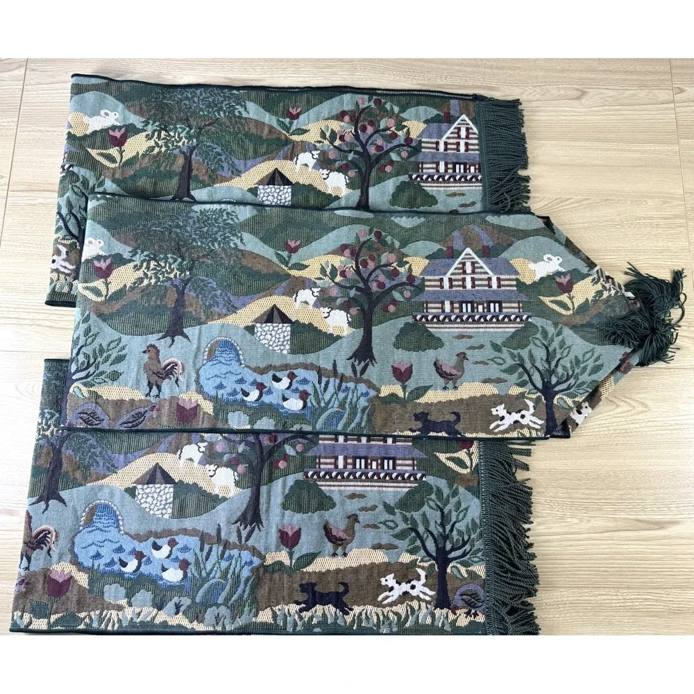 Green Tapestry Table Runner Fringed Tasseled Farm Life Animals Country 3 Pc
